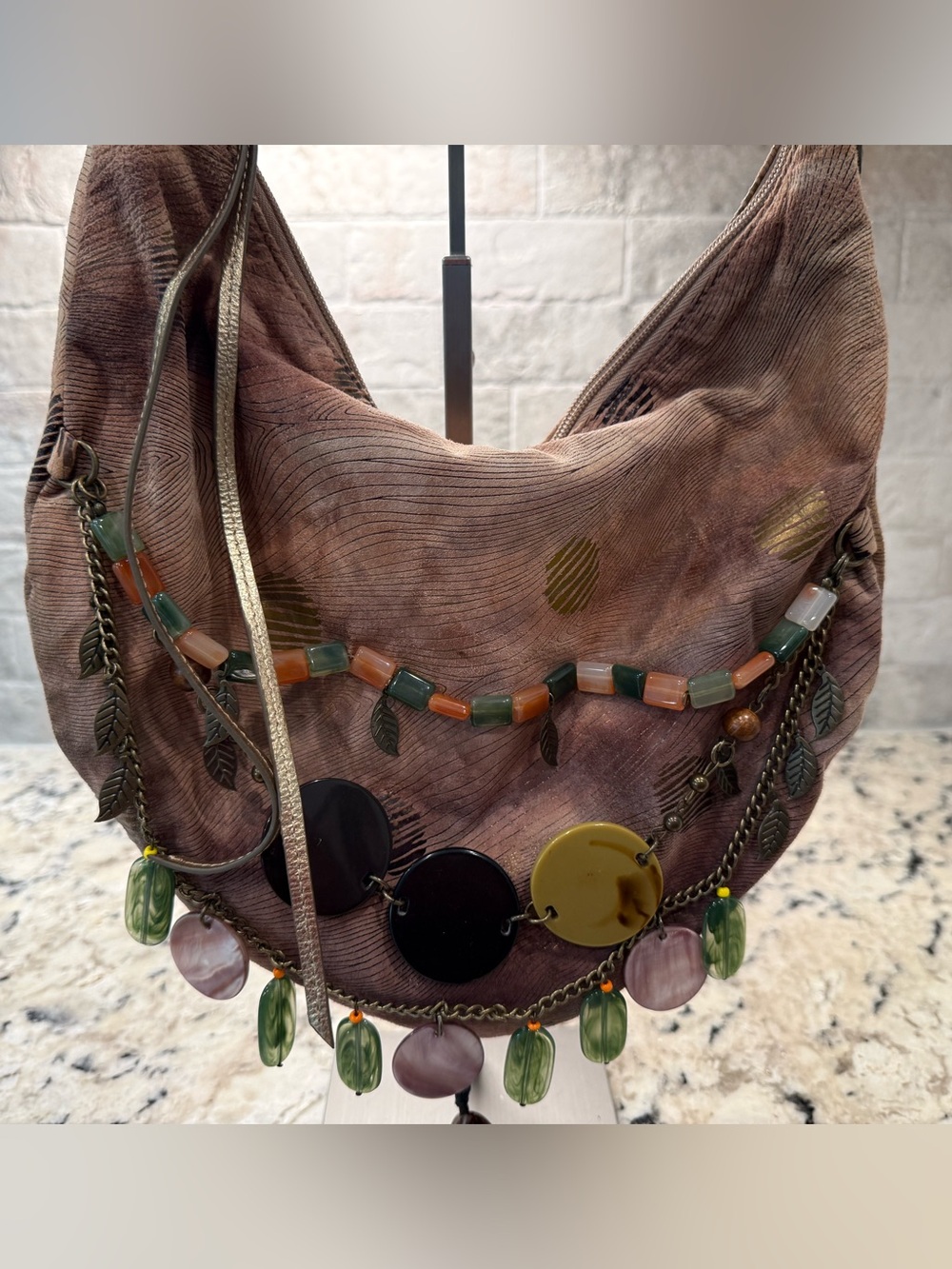 Sharif EUC Mauve Boho Shoulder Bag w/Mixed Beads